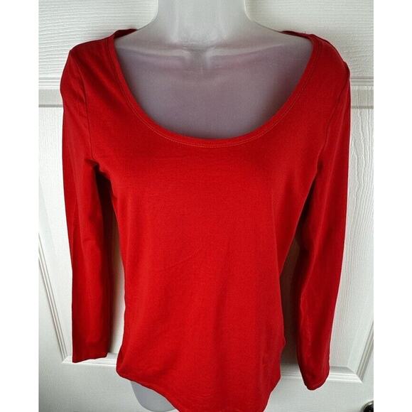 H&M Scooped Neck Top Long Sleeves Red M Casual Minimalist 50-08 - Picture 4 of 15